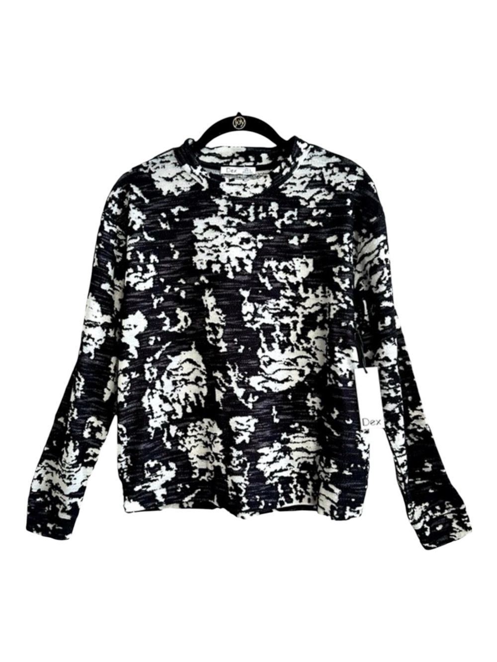 Dex NWT Black White Abstract Knit Crewneck Sweater Size Large Distressed Boho